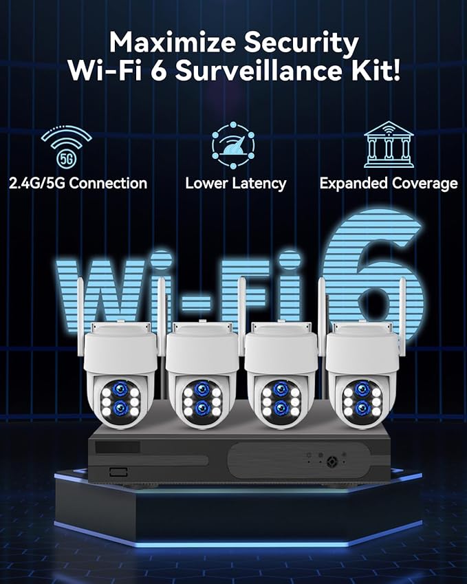 [Dual Lens WiFi6 & 10X Hybrid Zoom] Wireless Security Camera System Outdoor, Auto Tracking 2K+2K 4PCS PTZ Camera for Home Security 10CH Expandable 4K DVR CCTV Security Camera System