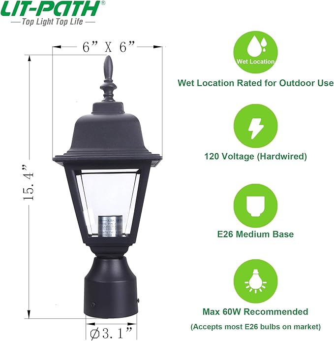 LIT-PaTH Outdoor Post Lighting Fixture Pole Lantern, E26 Medium Base Max 60W, Aluminum Housing Plus Clear Glass, Bulb Not Included, Matte Black Finish, 2-Pack