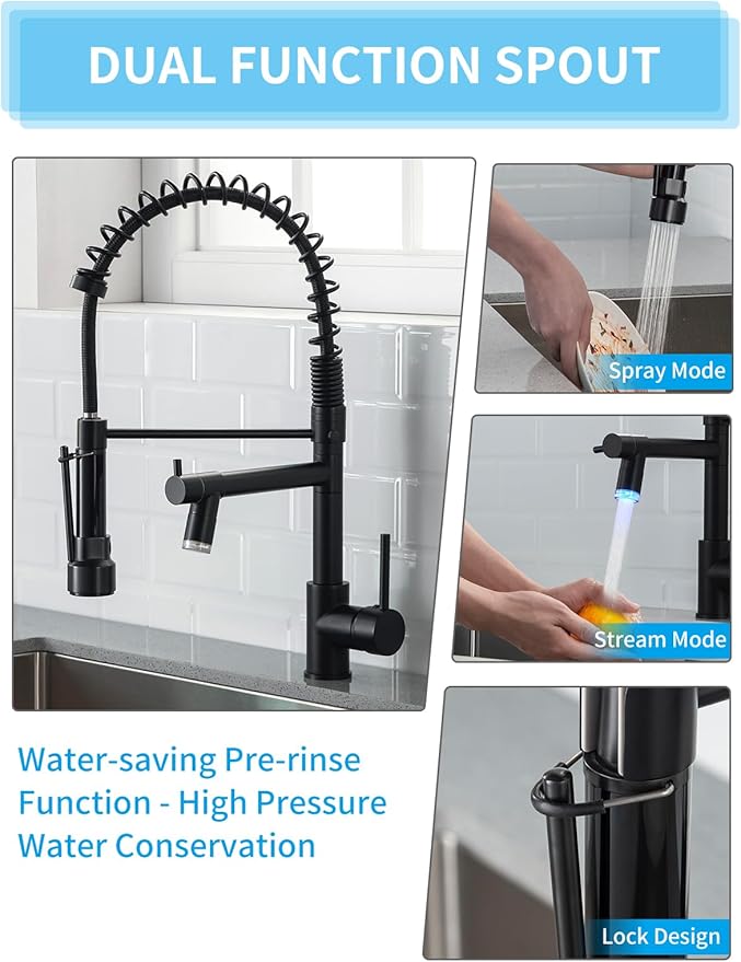 AIMADI Kitchen Faucet,Black Kitchen Faucet,Commercial Faucet with Sprayer Single Handle Single Hole Spring Kitchen Sink Faucet,Matte Black