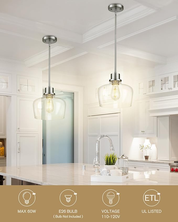 Emak 10 Inch Brushed Nickel Pendant Light, Modern Large Pendant Lights Kitchen Island, Hanging Lights with Clear Glass Shade for Kitchen, Dining Room, Entrance, PL126-BN-CG