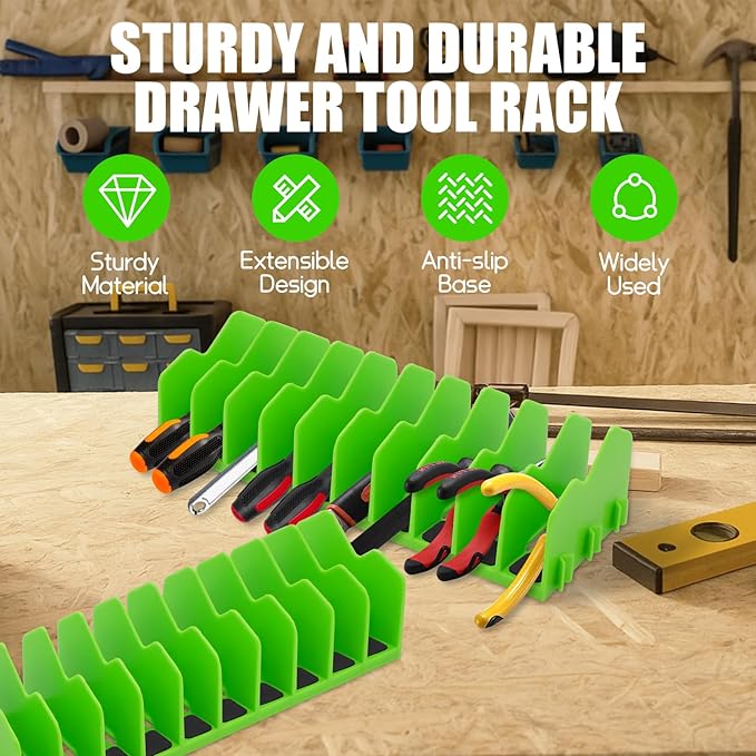 Plier Orgainzer, 2 Pack Pliers Orgainzer with Extendable Design & Non-Slip Rubber Base, Fits 3" H, 20 Slots Tool Drawer Storage for Pliers, Wrenches, Screwdrivers and More,Green