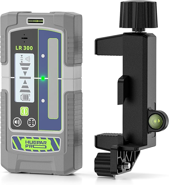 Laser Detector, Huepar Pro LCD & LED Laser Receiver LR300 for Laser Level -Green&Red Beams Outdoor, Compatible with Huepar & Pro Laser Levels with Pulse Mode, Up to 660Ft, IP65, Magnet, Clamp Included