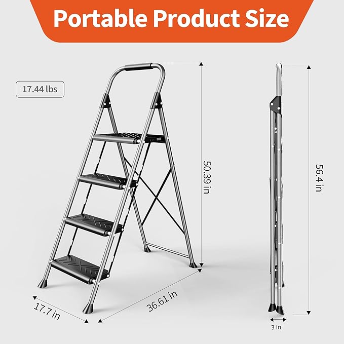 4 Step Ladder,DIAMONDFORGE Folding Step Stool with Anti-Slip Wide Pedal, Soft Handle, Anti-Slip Feet, Sturdiest Steel Construction, 900lbs Capacity Steel Ladder for Home and Office, Grey