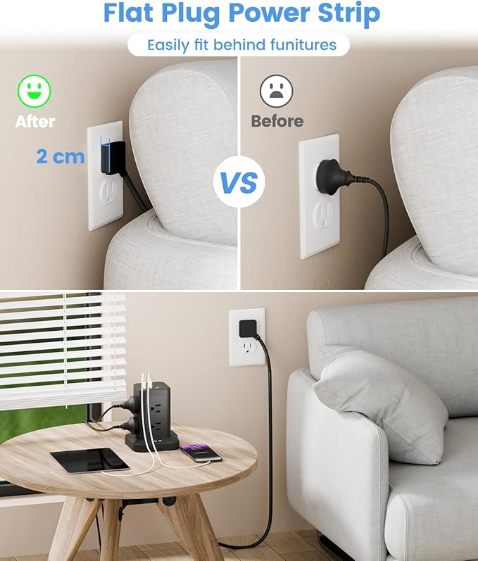 Power Strip Tower with Surge Protector 1800J, Fast Charging Tower PD20W USB-C Ports with 8 AC Outlets, 6ft Extension Cord for Home Office Dorm Room, Black