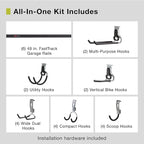 Rubbermaid 24-Piece FastTrack Garage Wall-Mounted Storage Kit, 6 Rails and 18 Hooks, Black, for Home/House/Tool/Sports/Equipment/Utility Purposes