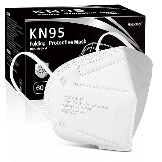Hotodeal KN95 Face Mask 60 PCs, White KN95 Mask, 5 Layers Cup Dust Mask, for Men, Women, Healthcare Worker, Essential Workers