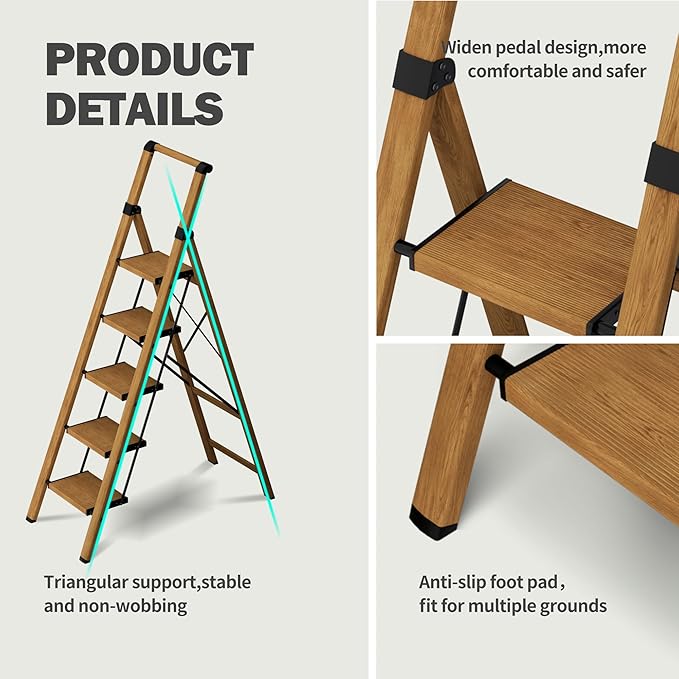 5 Step Step Ladder,Lightweight Folding Step Stool with Anti-Slip Aluminum Wide Pedal&Convenient Handgrip,Steel Ladder for Household and Office(Woodgrain)