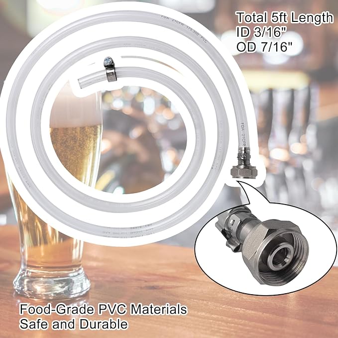 Wadoy Beer Keg Cleaning Kit, Draft Line Shank Replacement Parts, ID 3/16" OD 7/16" Hose 5ft With 1/4'' Keg Coupler Barb, Self-Closing Tap Faucet for Kegerator