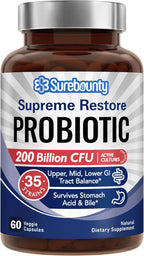 Probiotic for Men & Women, 200 Billion CFU 35 Strains, Prebiotics + Digestive Enzymes, Supreme Restore Probiotic Supplement, Upper, Mid, Lower GI Tract Balance, 60 Veggie Capsules, 1 Month