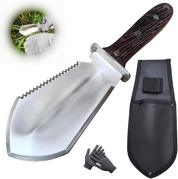 Hori Hori Garden Knife, Garden Tools with Sheath for Weeding,Planting,Digging, Stainless Steel Blade with Cutting Edge, Full-Tang Wood Handle with Hanging Hole