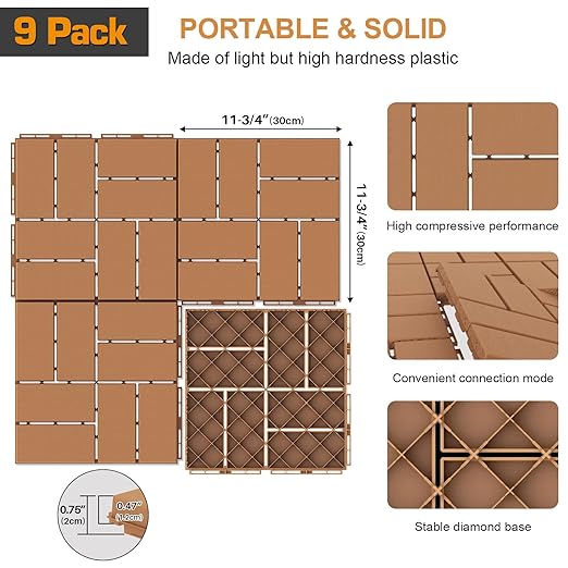 Goovilla Plastic Interlocking Deck Tiles, 9 Pack Outdoor Patio Flooring, 12"x12" Interlocking Decking Tile Outdoor All Weather Use, Waterproof Patio Pavers for Pool Balcony Backyard Porch, Khaki