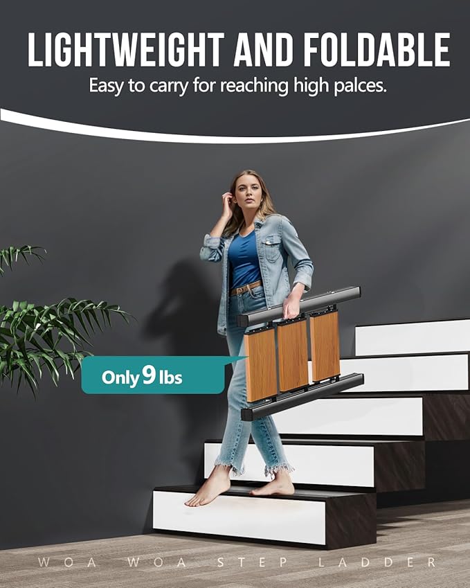 WOA WOA Step Ladder with Widened Pedals, Folding Step Stool with Anti-Slip Feet, Portable Home Ladder for Adults, Kitchen Small Stepladder 300 lbs Capacity (3 Step, Black & Wood Grain)