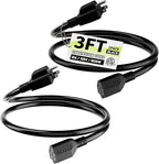 16/3 Black Indoor Outdoor Extension Cord 3 Ft 2 Pack Waterproof, Heavy Duty Extension Cord with 3 Prong Grounded Plug,13A 1625W 16AWG SJTW, Flexible Weatherproof Power Cable