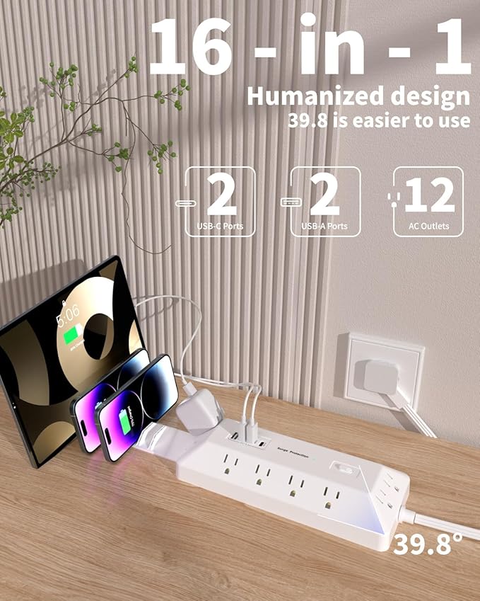 16-in-1 Surge Protector Power Strip with Multi-Function Stand, 6 Outlets with 2 USB-C (20W PD) and 2 USB-A (18W) Ports, 6FT Extension Cord for Home Office Desktop and Dorm (White)