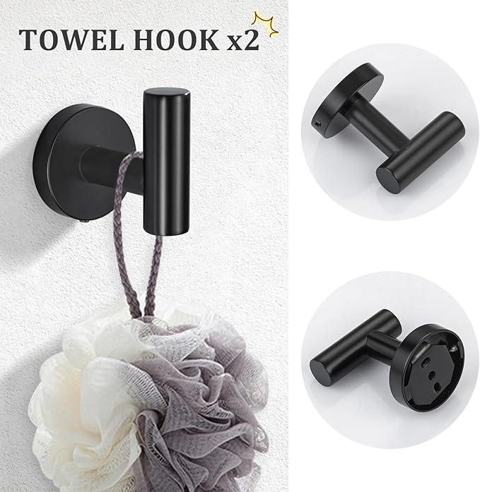 TURS Matte Black 8 Pieces Bathroom Hardware Set, SUS304 Stainless Steel 24 Inch and 20 Inch Bath Towel Bar Set, Round Bathroom Accessories Kit Wall Mounted Towel Holder
