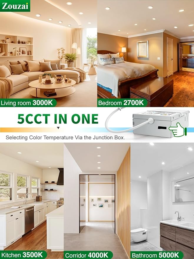zouzai 4 Inch 5CCT Ultra-Thin LED Recessed Ceiling Light with Junction Box, 2700K/3000K/3500K/4000K/5000K Selectable, 9W Eqv 80W, Dimmable, led can Lights - ETL and Energy Star Certified【 6 Pack 】