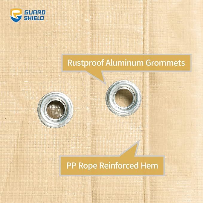 GUARD SHIELD Beige Tarp Heavy Duty Waterproof 10x12 Feet Outdoor Poly Tarps Cover Thick UV Resistant Canopy Tarpaulin with Grommets 10mil