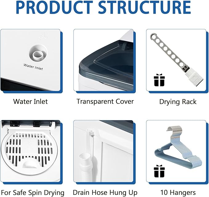 Sportpulse Portable Washing Machine with Time Control, Mini Twin Tub 32lbs Capacity Laundry, 20lbs Washer & 12lbs Spinner, ideal for Camping, Apartments, RV (Black, 32lbs)