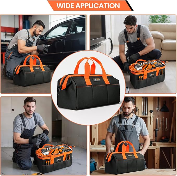 Tool Bag, Large Tool Organizer Bag with 18 Pockets,15.7x 11.4x 9.8 inch, Heavy Duty 600D Fabric, Black and Orange