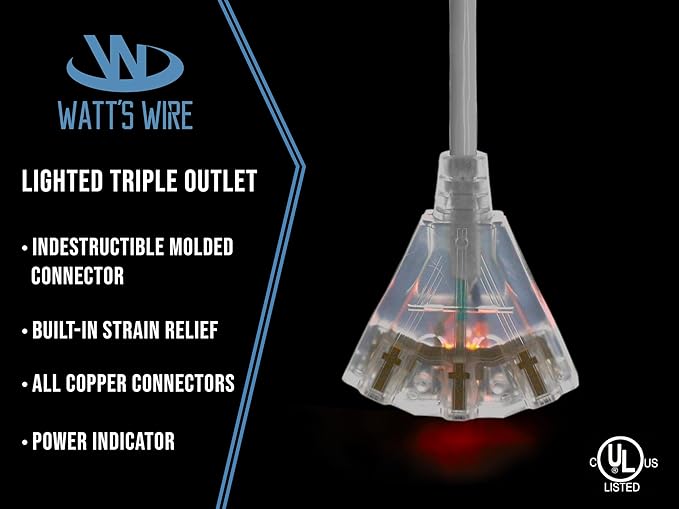 Outdoor Extension Cord Waterproof (15 ft) 12 Gauge Heavy Duty Extension Cord Splitter - Lighted Outdoor Extension Cords with Multiple Outlets - Watts Wire - 15' Grounded - extensiones electricas