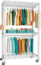 FUTASSI P1 Heavy Duty Garment Rack, 3 Tiers Adjustable Rolling Metal Closet Organizer with Lockable Wheels, FreeStanding Wardrobe with Double Hanger Rods & 1 Pair Hooks, Max Load 450 LBS, White