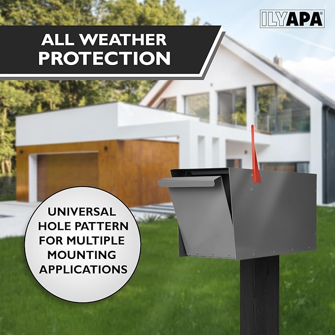 Ilyapa Modern Mailbox for Post Mount - Gray with Gray Door Powder Coated Steel, Waterproof Letter Box for Parcels, with Recessed Magnetic Close Door