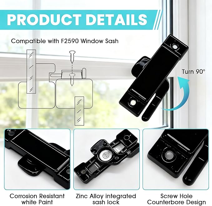 5Pcs F2590 Sash Lock - Replace Broken Window Locks, 2-1/4” Mounting Hole Centers, White Window Latch Replacement Parts for Vertical and Horizontal Sliding Windows(Black)