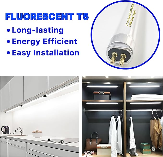8 Pack 21 Inch T5 Fluorescent Bulbs 13 Watt Daylight 6500K, F13T5D Under Cabinet Lights Bulb, 750 Lumen G5 Base