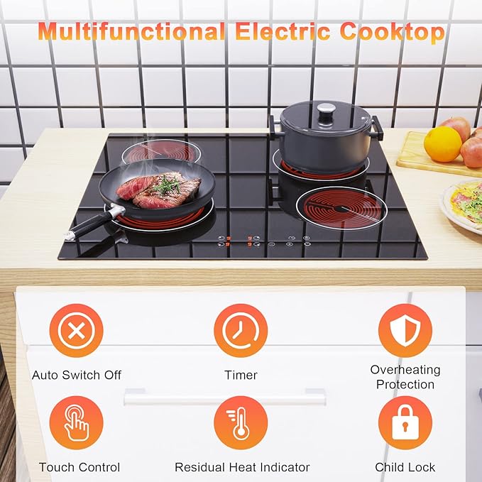 Karinear Drop-in 4 Burner Electric Cooktop 24 Inch Radiant Cooktop, Electric Stove Top with Residual Heat Indicator, Child Safety Lock, Timer, 220-240V, 6000W, Hard Wire(No Plug)