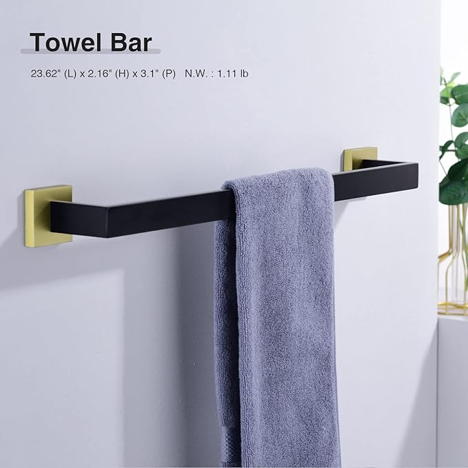 TRUSTMI Contemporary 5-Pieces Bathroom Hardware Set Stainless Steel Towel Bar Accessories Wall Mounted, Matte Black and Brushed Gold