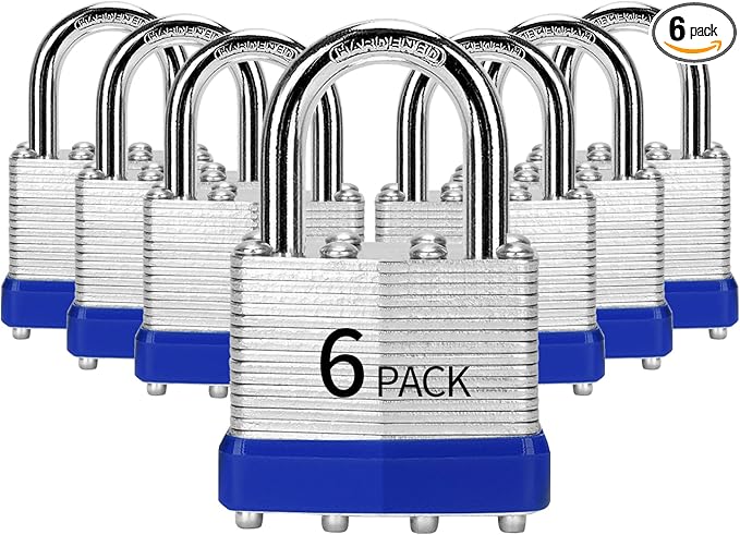 Padlocks Keyed Alike, Pack of 6, Laminated Steel Keyed Lock (1-9/16", 40mm), Padlocks with Same Key, Normal Shackle, for Toolbox, Locker & StorageUnit or More