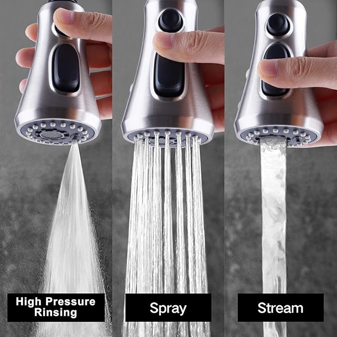 Hibbent Pull Down Spray Head for Kitchen Faucet, NSF/ANSI/CAN 61 & CUPC Certified 3-Function Spray Nozzle, 15 Adapters, Sink Faucet Head Replacement Compatible with Moen, Delta, Kohler, Brushed Nickel