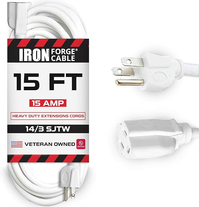 Iron Forge Cable Weatherproof White Outdoor Extension Cord 15 ft - 14/3 SJTW Heavy Duty White Extension Cord 3 Prong - 15 Amp Exterior Power Cable