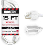 Iron Forge Cable Weatherproof White Outdoor Extension Cord 15 ft - 14/3 SJTW Heavy Duty White Extension Cord 3 Prong - 15 Amp Exterior Power Cable