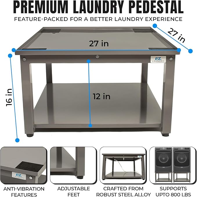 Washer and Dryer Pedestals - 27" W, 16" H, Gray Steel Universal Fit with Major Brands, Leak-Proof Laundry Pedestal with Drain Pan & Hose, Washer and Dryer Stand for Back Pain Relief, 800 lbs Capacity