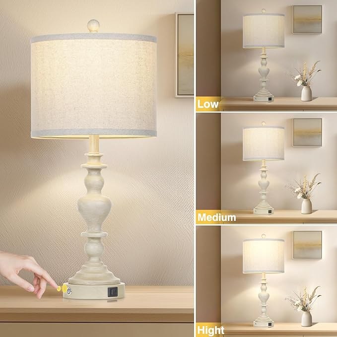 27" Farmhouse Table Lamps Set of 2, Vintage Bedside Lamps with USB A+C Charging Ports, 3-Way Dimmable Touch Control Traditional Nightstand Lamp for Living Room Beige (Bulbs Included)