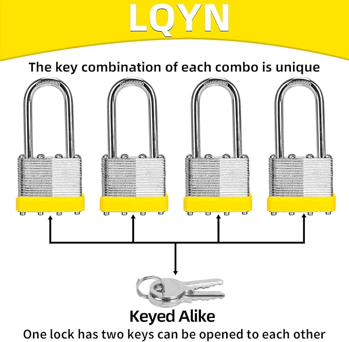 Padlocks with Same Key, LQYN 24 Pcs Laminated Keyed Padlock (1-9/16", 40mm), Keyed Alike Locks, Long Shackle, for Storage Locker, Hasp Latch, Toolbox, Sheds