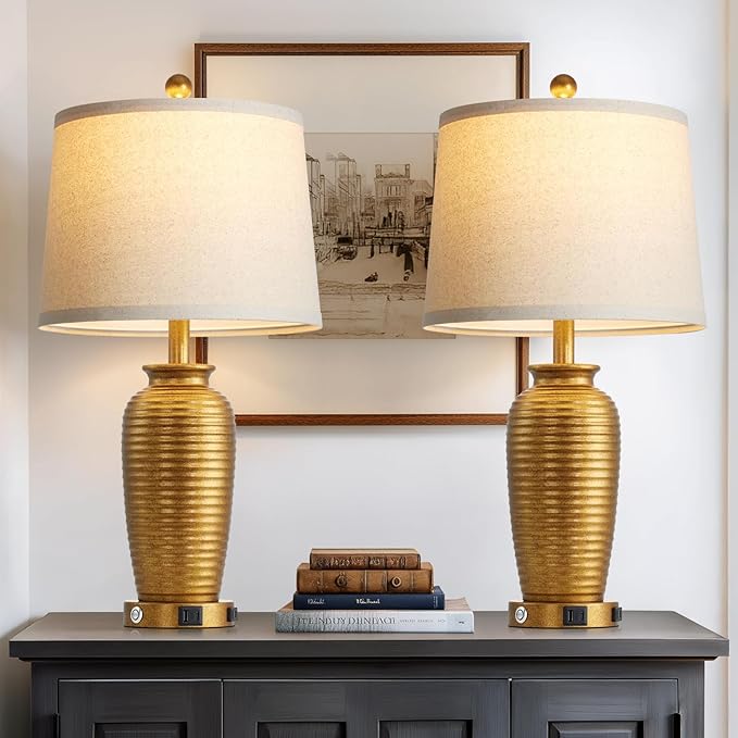 25" Retro Gold Farmhouse Jar Table Lamps Set of 2, 3 Way Touch Control Rustic Bedside Lamps with USB A+C Ports & AC Outlet, Pot Nightstand Lamps for Bedroom Living Room (LED Bulbs Included)
