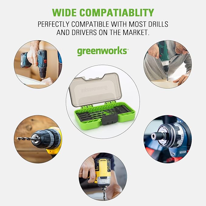 Greenworks 14 Pcs Black Oxide Drilling Bit Set,135 Degree Split Point, Black Oxide Coated, For Plastic, Wood and Metal