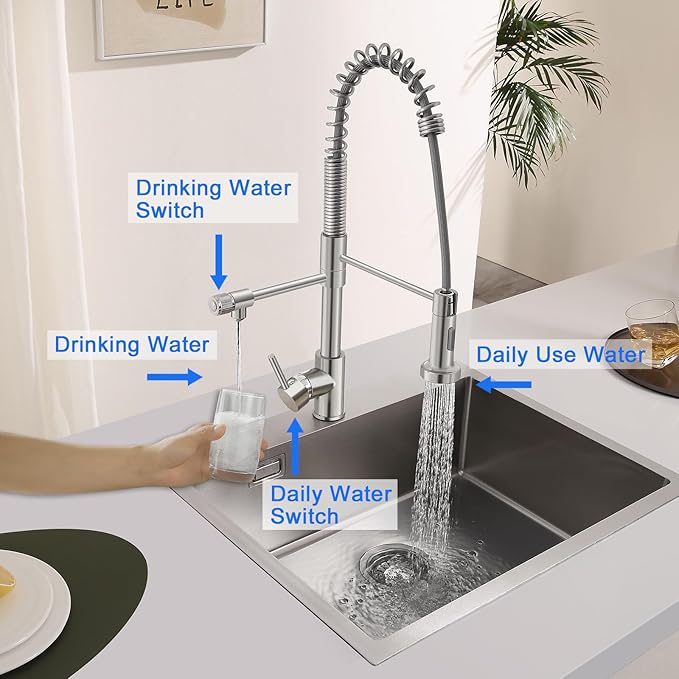 MENATT 3 in 1 Kitchen Faucet with Drinking Water Faucet, Pull Down Spring Single Handle 3 Way Kitchen Faucet Chrome, Water Filter Faucet for Kitchen Sink Bar (Without Water Filtration Device)