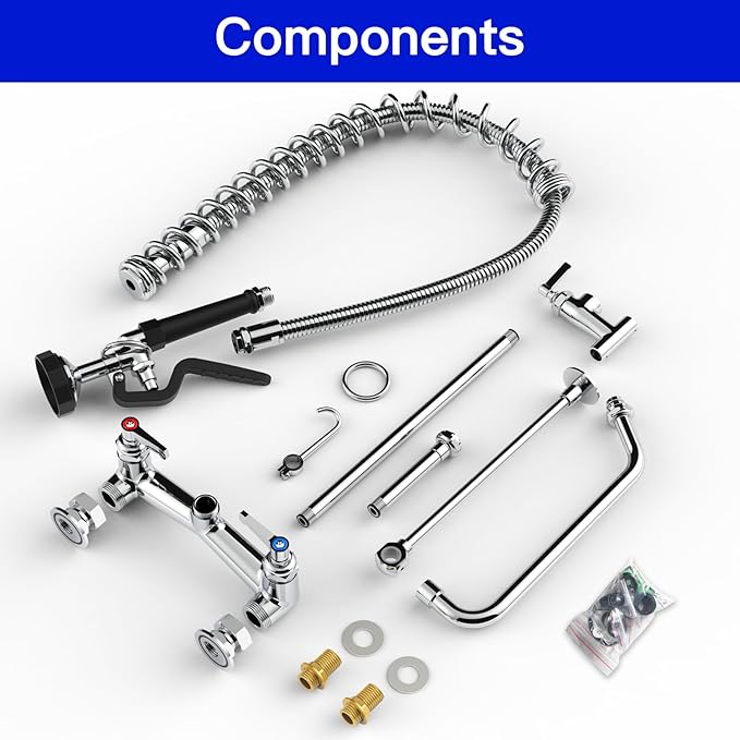 Commercial Kitchen Faucet 42" Height Wall Mount with Pull Down Sprayer 8" Center Wall Mount Kitchen Sink Faucet with 14" Add-on Swing Spout Pre Rinse Faucet for Commercial Kitchen Sink