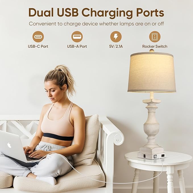 28'' Washed White Table Lamp for Bedroom Nightstand, Vintage Bedside Lamp with USB A+C Port, Farmhouse Desk Lamp with Linen Shade Set of 2, Traditional Nightstand Lamp, Rocker Switch,Bulb Included