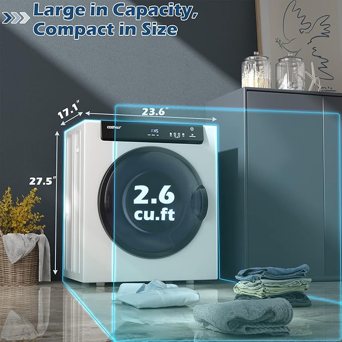 COSTWAY Compact, Touch Panel, 2 Modes, 3 Heating Powers and Adjustable Exhaust Vent, 8.8 LBS Front Load Tumble Laundry Apartment, Dorm and Home, 1400W, White Portable Dryer