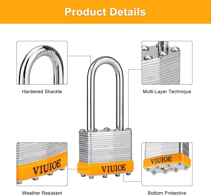 4Pcs Laminated Padlocks with Same Key for Door, Luggage, Gate, Storage, Fence, Cabinet, Garage, Shed, Latch - Weather Resistant