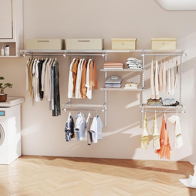 Giantex Closet Organizer System, Wall-mounted Custom Closet Kit w/Adjustable Storage Shelves, Wardrobe Clothes Rack w/Hanging Rods, Perfect for Coats, Pillows, Blanket (White, 98.5"x13.5"x48)