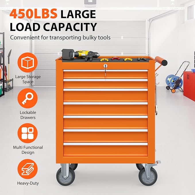 7-Drawer Rolling Tool Chest, Tool Box with 4 Wheels and Drawers, High Capacity Detachable Mobile Tool Storage Cabinet for Garage, Workshop, Mechanics and Repair Room (Orange)