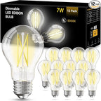 VOLIVO 12 Pack A19 Vintage LED Edison Bulbs, Dimmable, 60W Equivalent, High Brightness 5000K Daylight, Ultra-Bright, 7W E26 Standard Base, CRI80+, 800Lumens, Clear Glass Filament Bulb for Home