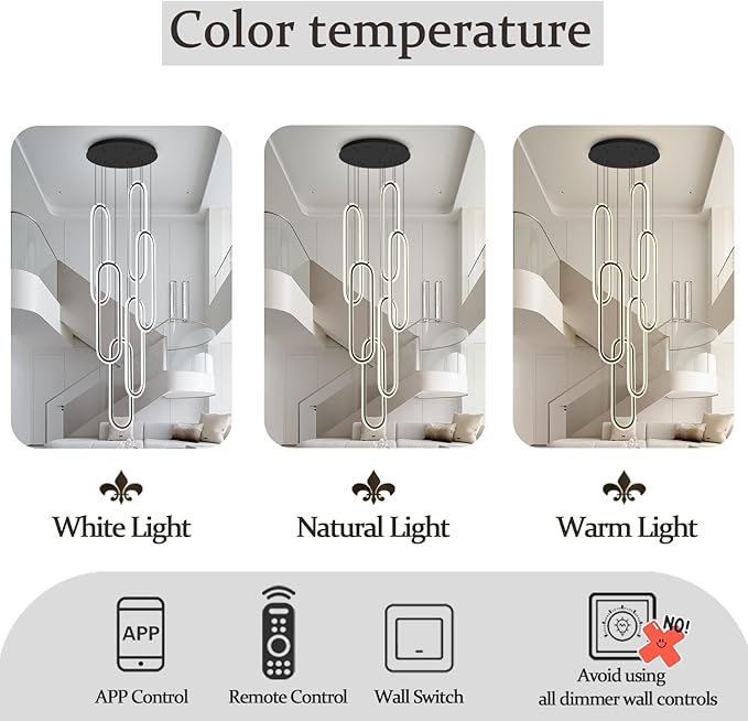 Flashing God Chandelier 6-Rings Contemporary Chandelier for High Ceiling Flush Mount Led Dimmable Large Pendant Lighting Black Ring Chandeliers for Villa Foyer Entrance Living Room