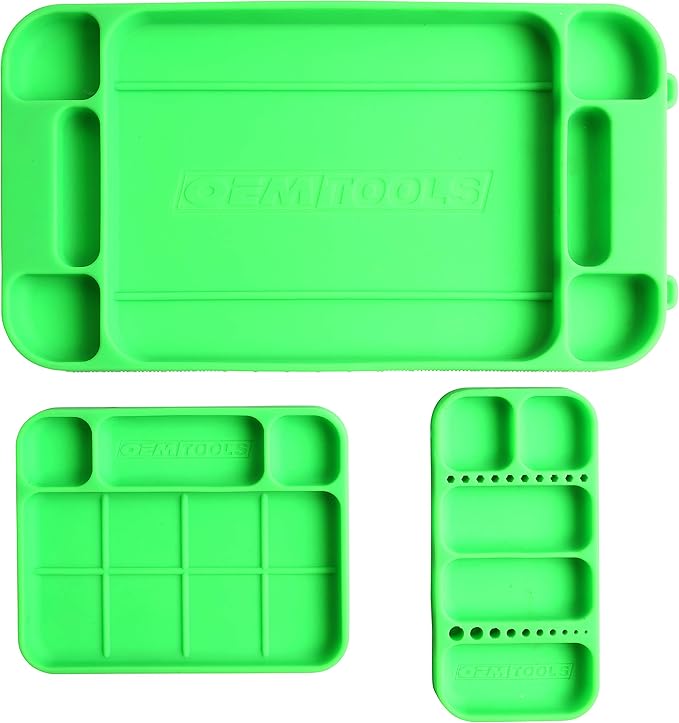 OEMTOOLS 22417 Flexi-Tray, 3 Piece Set, Includes Small, Medium, and Large Rubber Tool Mat Trays, Heat and Oil Resistant Silicone, Round-Bottom Compartments