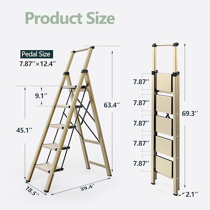 WOA WOA 5 Step Ladder for 10 Feet High Ceiling, Lightweight Foldable Ladder with Non-Slip Wide Pedals, Step Stool with Safe Handrail, Space Saving for Home, Kitchen, Indoor & Outdoor 300lbs - Gold